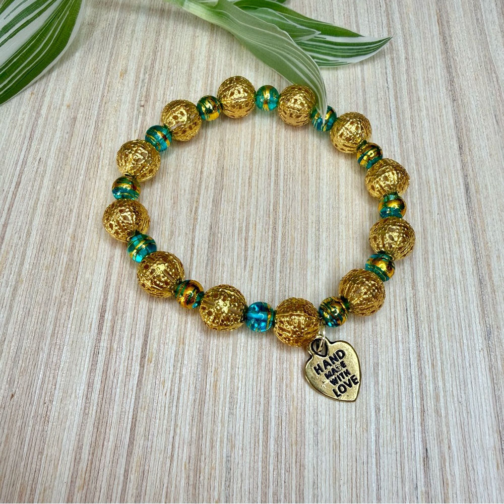 Boho Gold Tone Filigree Bracelet | Glass Beads | Handmade with Love Charm